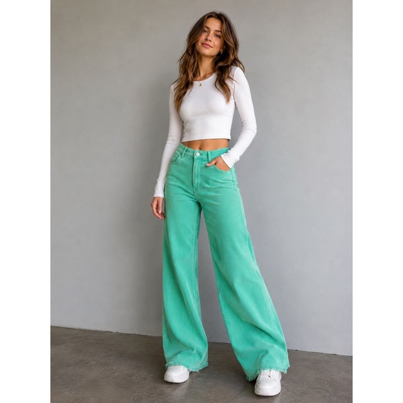 Billabong Pants - Billabong Pants Womens 26 Green Corduroy High Rise Wide Leg Raw Hem Coastal